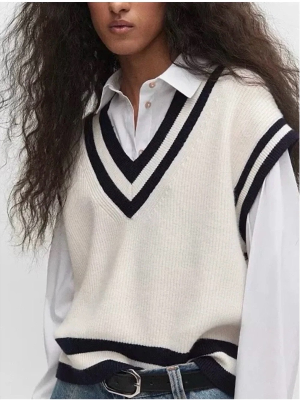 Mango Oversized V-Neck Sweater Vest Cream Black Stripe XL NWT-Style Preppy